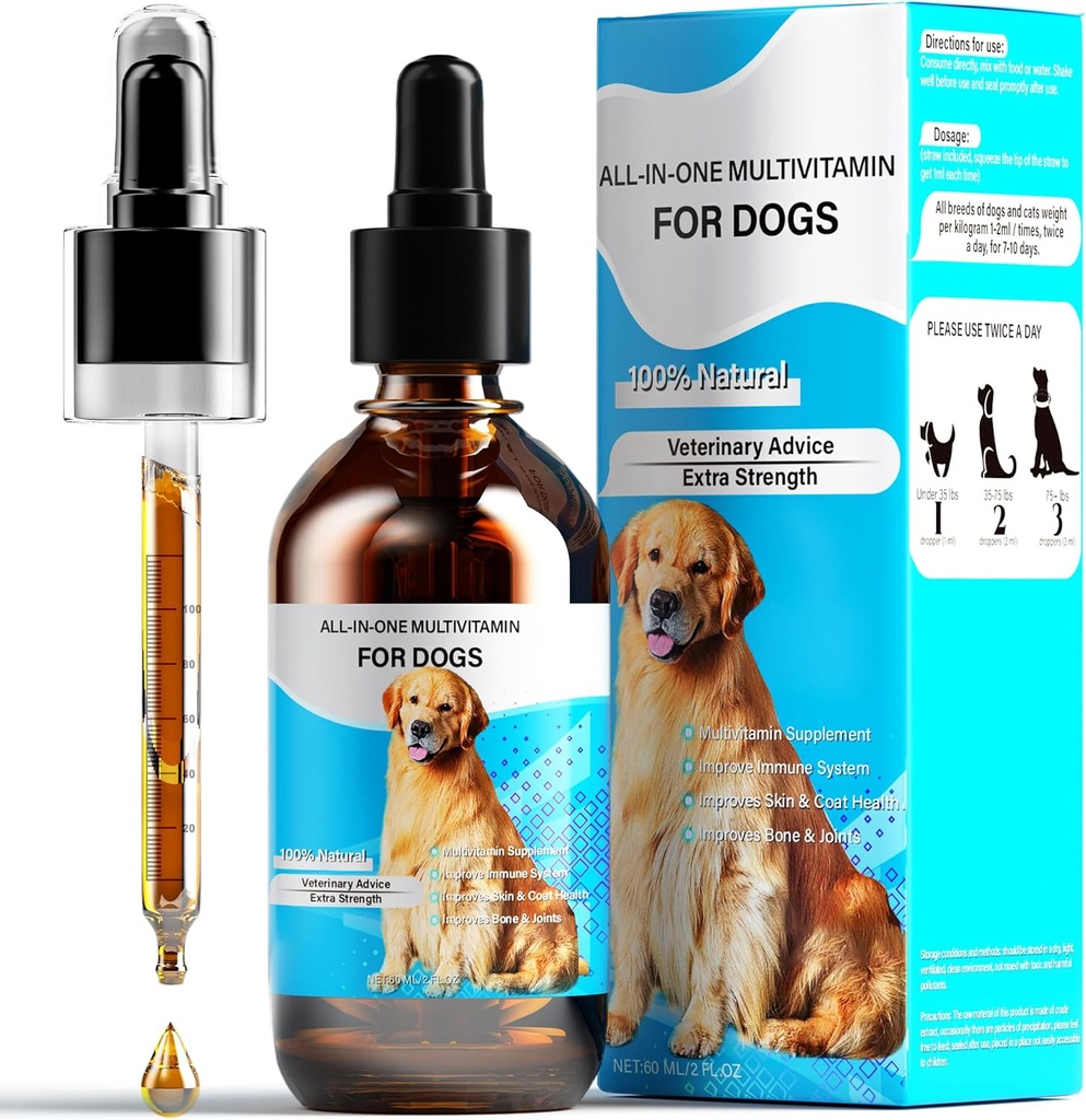 Köpek Vitaminleri Sıvı, 13-In-1 Dog Multivitamin Ekstra Güçleri Dog's Digestive & Immune, Skin & Coat, Bone & Joint Health, 60 Ml Nature Dogs and Supplements for All Age Breed Dimension Dog