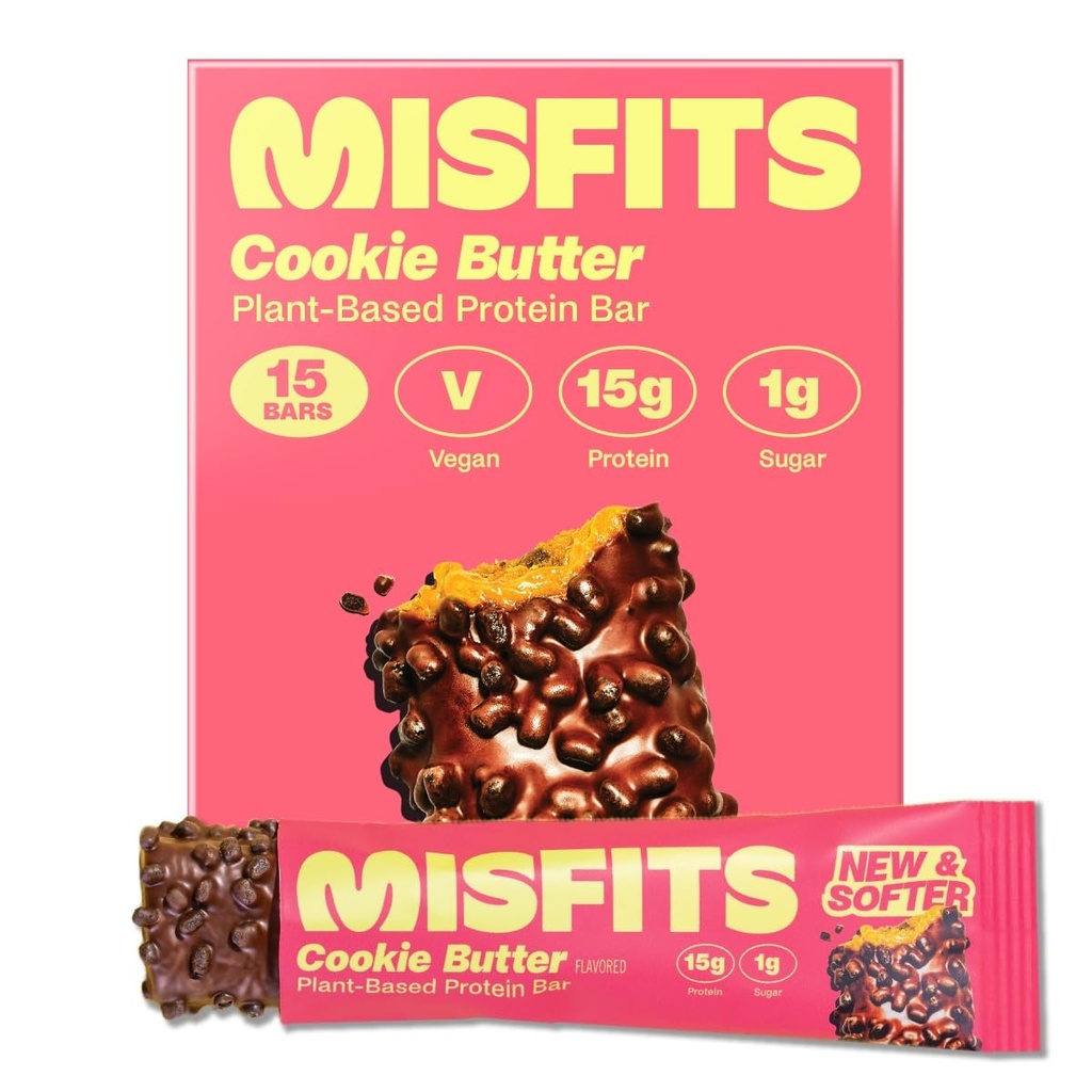 Misfits Vegan Protein Bars, Cookie Butter - Güncelleme Recipe | Plantive, Low Sugar & Carb, High Fiber Snacks | Pack of 15