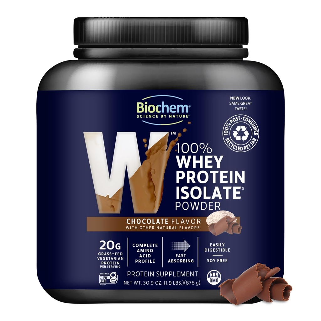 Biochem 100% Whey Isolate protein Toz, Chocolate Flavor, 20g Grass-Fed Protein, Keto Friendly, Gluten Free, Vegetarian, Easy Digestible, 30.9 oz, 28 Servisler