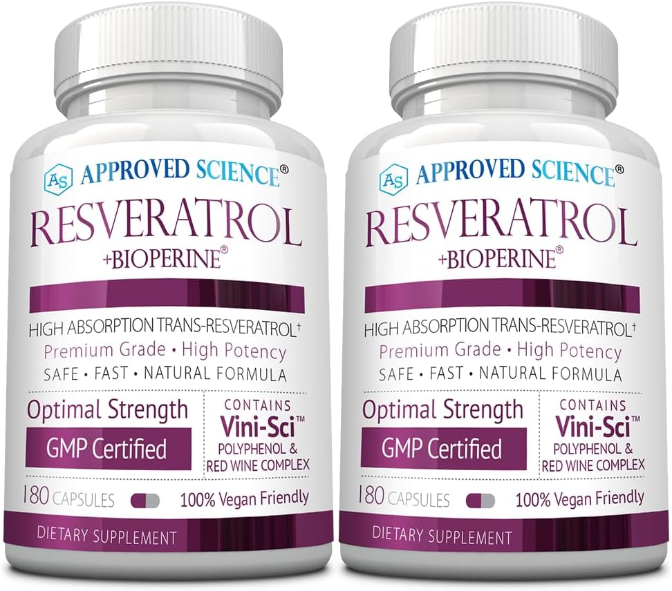 Approved Science® Resveratrol - 1000 mg of Trans Resveratrol - 250 mg of Polyphenol - 98% Purity Level - Includes Bioperine® - 380 Vegan Friendly Capsules - 2 Bottles