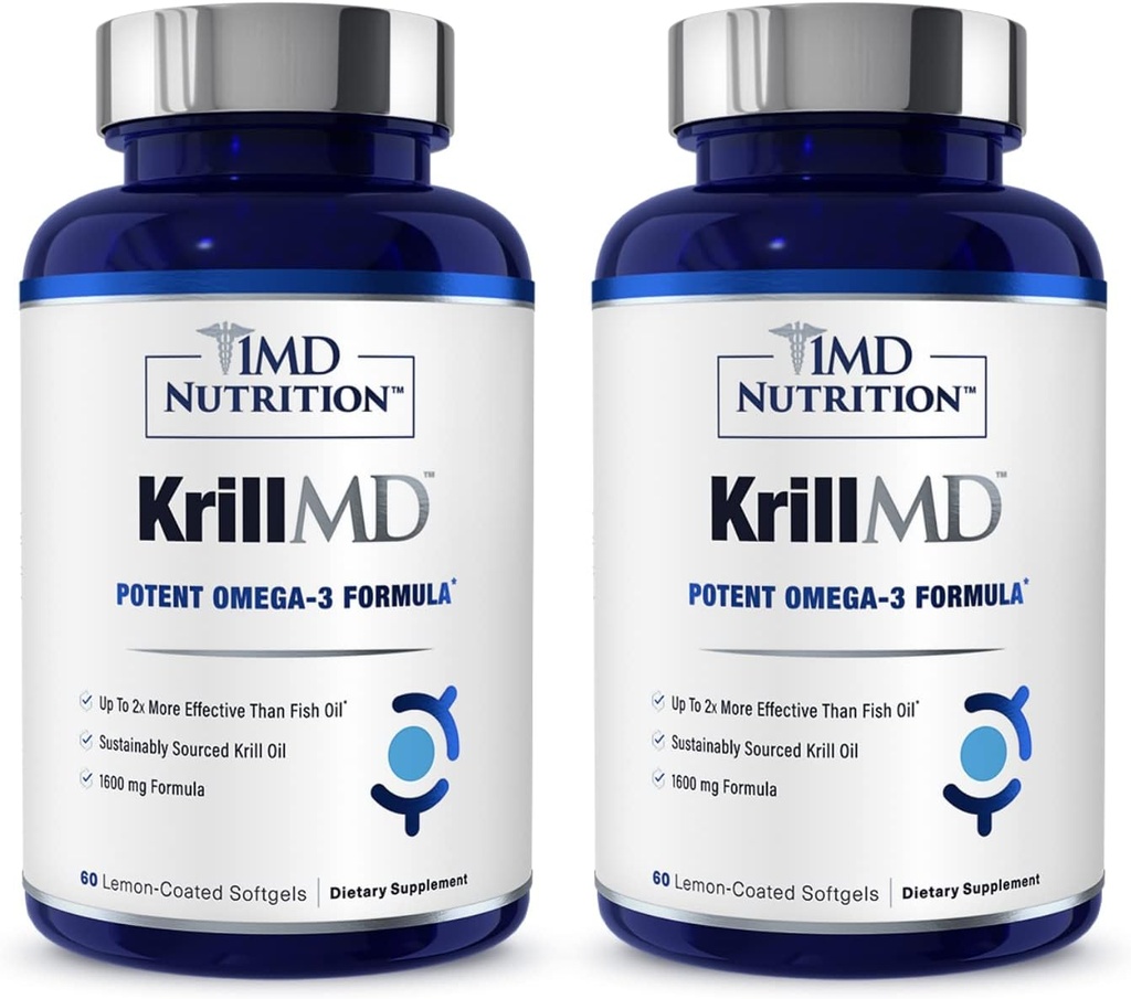 1MD Beslenme KrillMD - Antarktika Krill Oil Omega 3 Supplement with Astaxanthin, EPA, DHA | 2X Daha Etkili Balık Yağı | 60 Softgels (2-Pack)