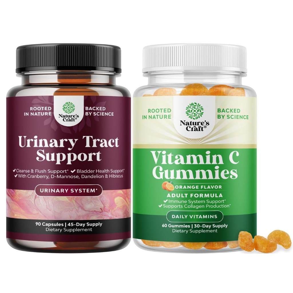 Bundle of D Mannose Capsules for Urinary Tract Health for Women Fast Acting Super Concentrated Cranberry 90ct and Chewable Vitamin C Gummies for Adults - Halal Vitamin C Immune Support Gummies