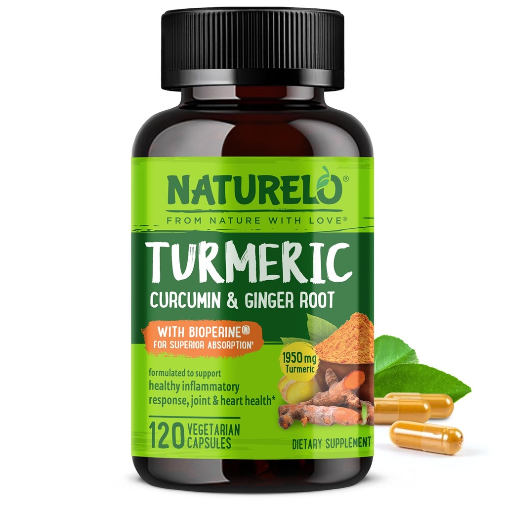 NATURELO Κουρκουμίνη - BioPerine για Καλύτερη Απορρόφηση - Μαύρο πιπέρι, ρίζα τζίντζερ, κουρκουμινοειδή - Φυτική Κοινή Υποστήριξη Δυσφορίας - 120 Κάψουλες Vegan