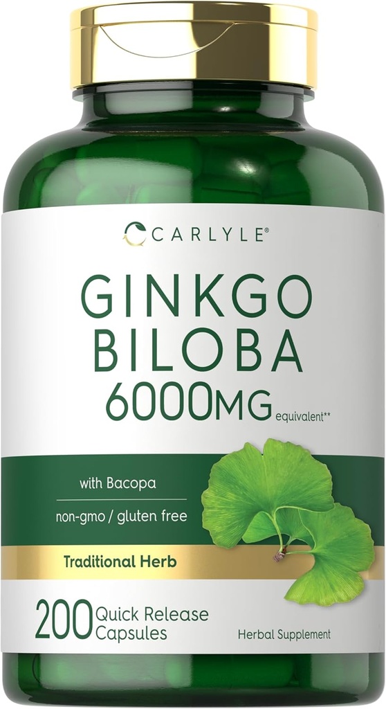 Carlyle Ginkgo Biloba Pills | 6000 mg | 200 Capsules | Bacoba Extract | Ekstra Kuvvet, Non-GMO ve Gluten Free Herbal Supplement Supplement Supplement