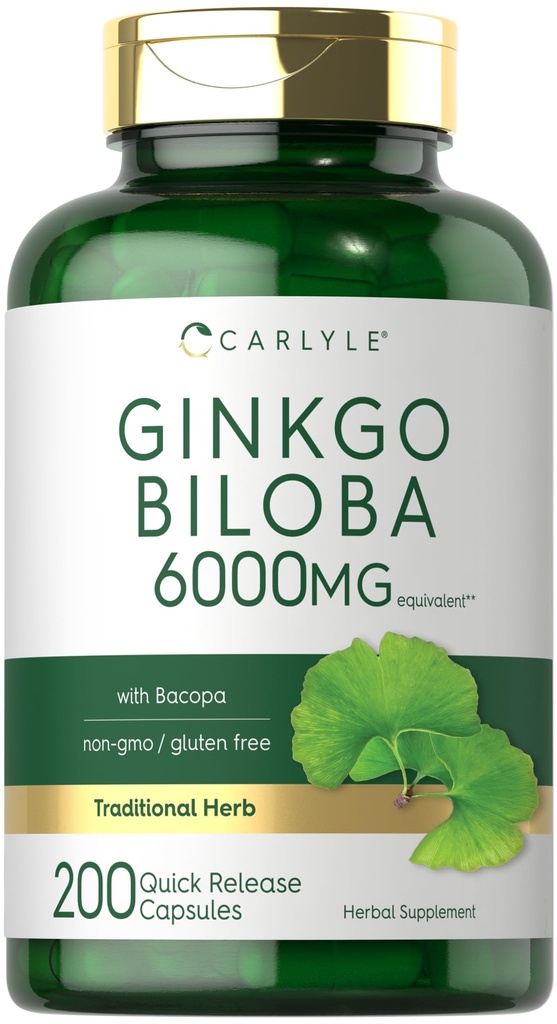 Carlyle Ginkgo Biloba Pills | 6000 mg | 200 Capsules | Bacoba Extract | Ekstra Kuvvet, Non-GMO ve Gluten Free Herbal Supplement Supplement Supplement