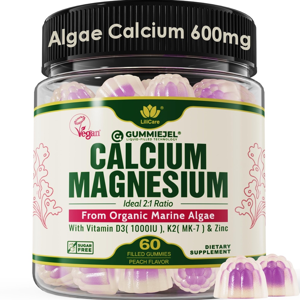 Plantivedis Gummies 600 mg ile D3 K2, Magnezyum, Bone Strength için çinko, Kadınlar ve Erkekler (Cerrec Vegan) Sustainable Organik Red Algae - 60 Counts