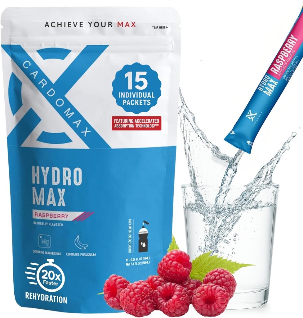 Hydromax Electrolyte Drink Mix – Raspberry 15 Liquid Packets with Potassium & Magnesium – Zero Sugar, Keto & Vegan Electrolytes for Rapid Hydration & Recovery Supplement