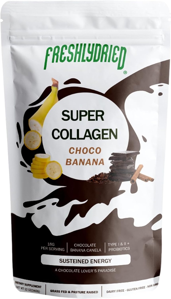 Φρέσκο αποξηραμένο κολλαγόνο Peptides & ChocoBanana σκόνη – Υποστηρίζει τα μαλλιά, δέρμα, νύχια, οστά & αρθρώσεις – Τύπος I & III Grass-Fed κολλαγόνο + Προβιοτικά – Σοκολάτα Μπανάνα Κανέλα Γεύση – 10 Μερίδες, 6 oz