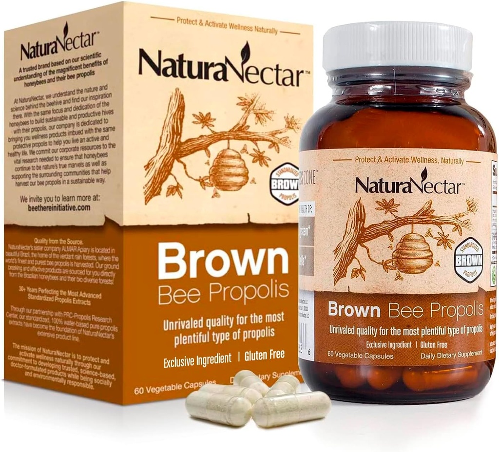 NaturaNectar - Brown Bee Propolis - NSF İçerikleri Onaylandı - Premium Brezilyalı Propolis - Flavonoyaklar, FLAV-B ve PWE - Doğal olarak Etik Arı Koruma (60parça) aracılığıyla Kaynaklandı.