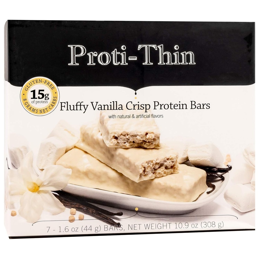 Proti-Thin Fluffy Vanilla Crisp Protein Bars, 15g Protein, Low Calorie, Çok Low Carb (VLC), Low Fat, Yüksek Fiber Snack Bar, KETO Diyet Dostu, İdeal Protein Uyumlu, Gluten Malzemeler, 7 /Box
