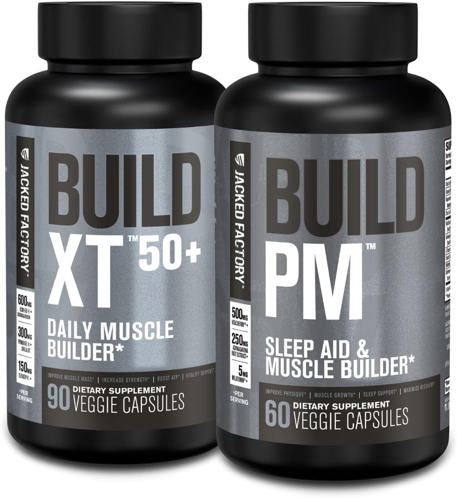 Jacked Factory 50+ Daily Muscle Builder (90 Capsules) & Build PM Night Time Muscle Builder & Sleep Aid (60 Capsules) Kas Büyümesi, Vitality, & Recovery