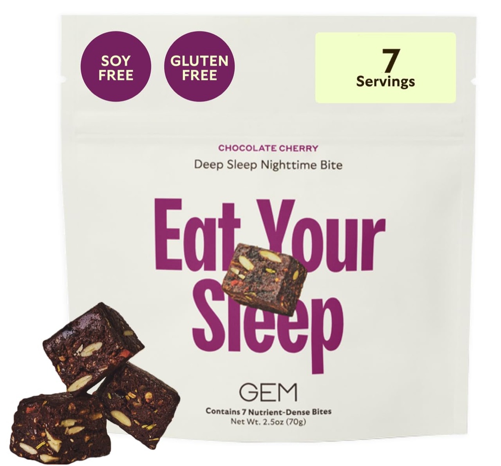 GEM Sleep Aid, Nighttime Bite, 7 Pack, Melatonin Free, L-Theanine, Magnezyum, Valerian Root | Vegan ve Gluten Free | Earthy Chocolate Cherry, Deneme boyutu