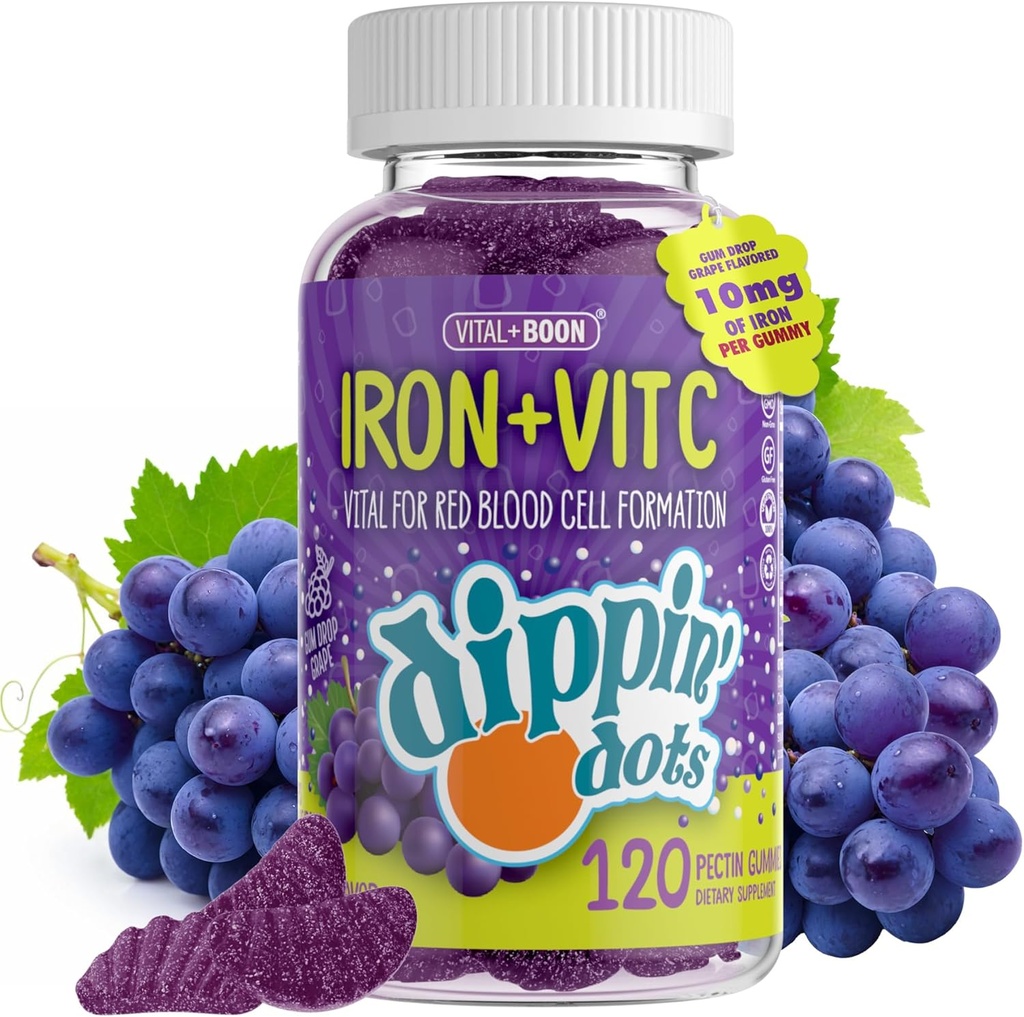 Demir C & B12 Gummies (120 Count) Kırmızı Kan Hücre Formasyon için Yaşam | Gum Drop Grape Real Pectin Meyve Chew Supplements | Vegan, Non-GMO, Gluten Free & Gelatin Free & Gelatin Free