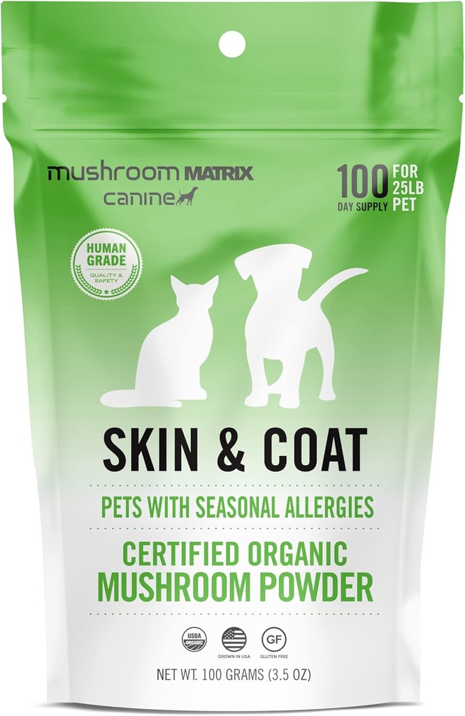 Om Mushroom Matrix Pet - Canine | Skin & Coat | USA Grown Human-Grade Organik Mushroom Toz Pet Supplement | Mevsim Antizenfes & Cats | 100 Grams, 3.5 oz