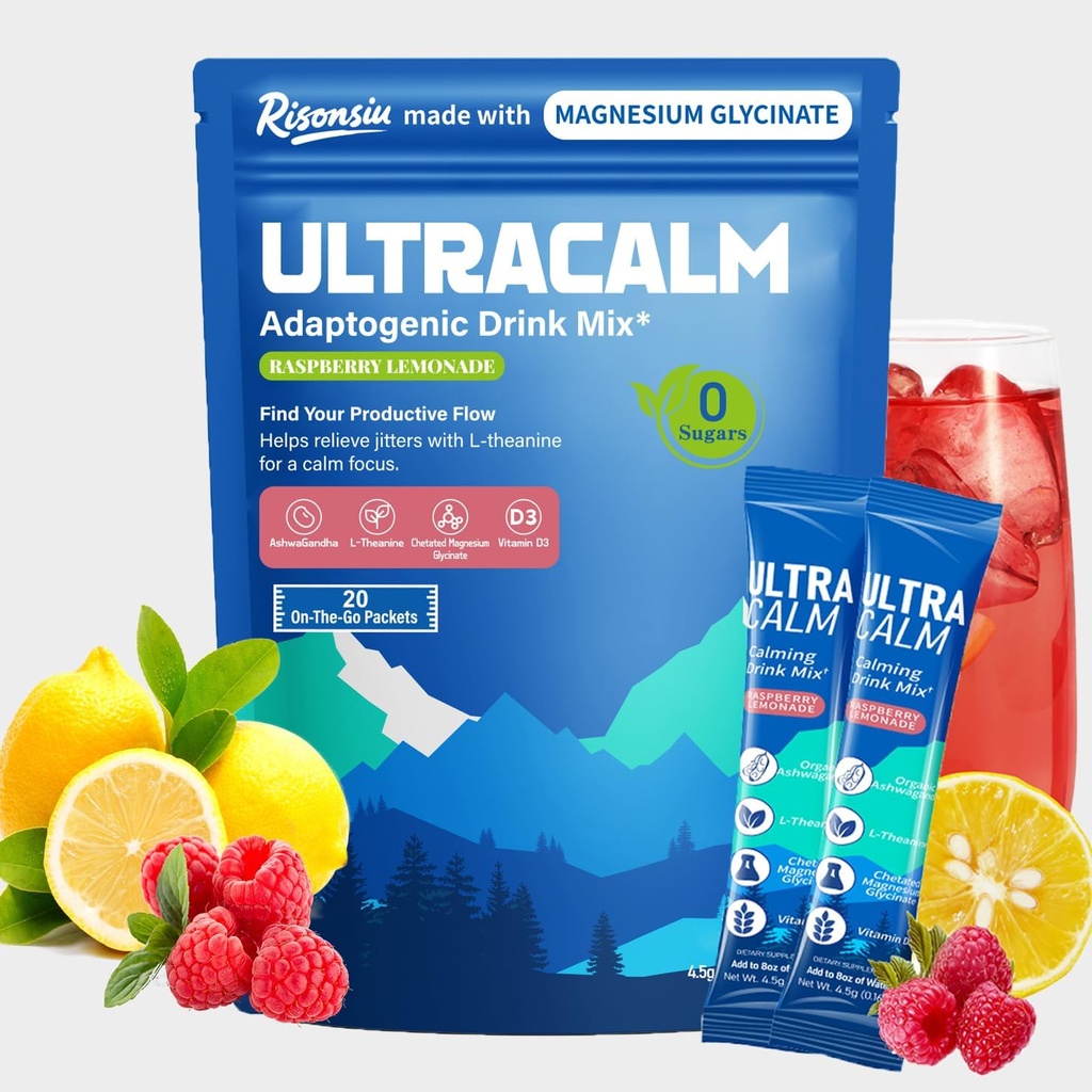 UltraCalm Super Cortisol, Glycinate, Ashwagandha, L-Theanine, Vitamin D3, Magnezyum Toz Uyku ve Stres Yardımı için, Raspberry Lemonade (20 Hizmet)
