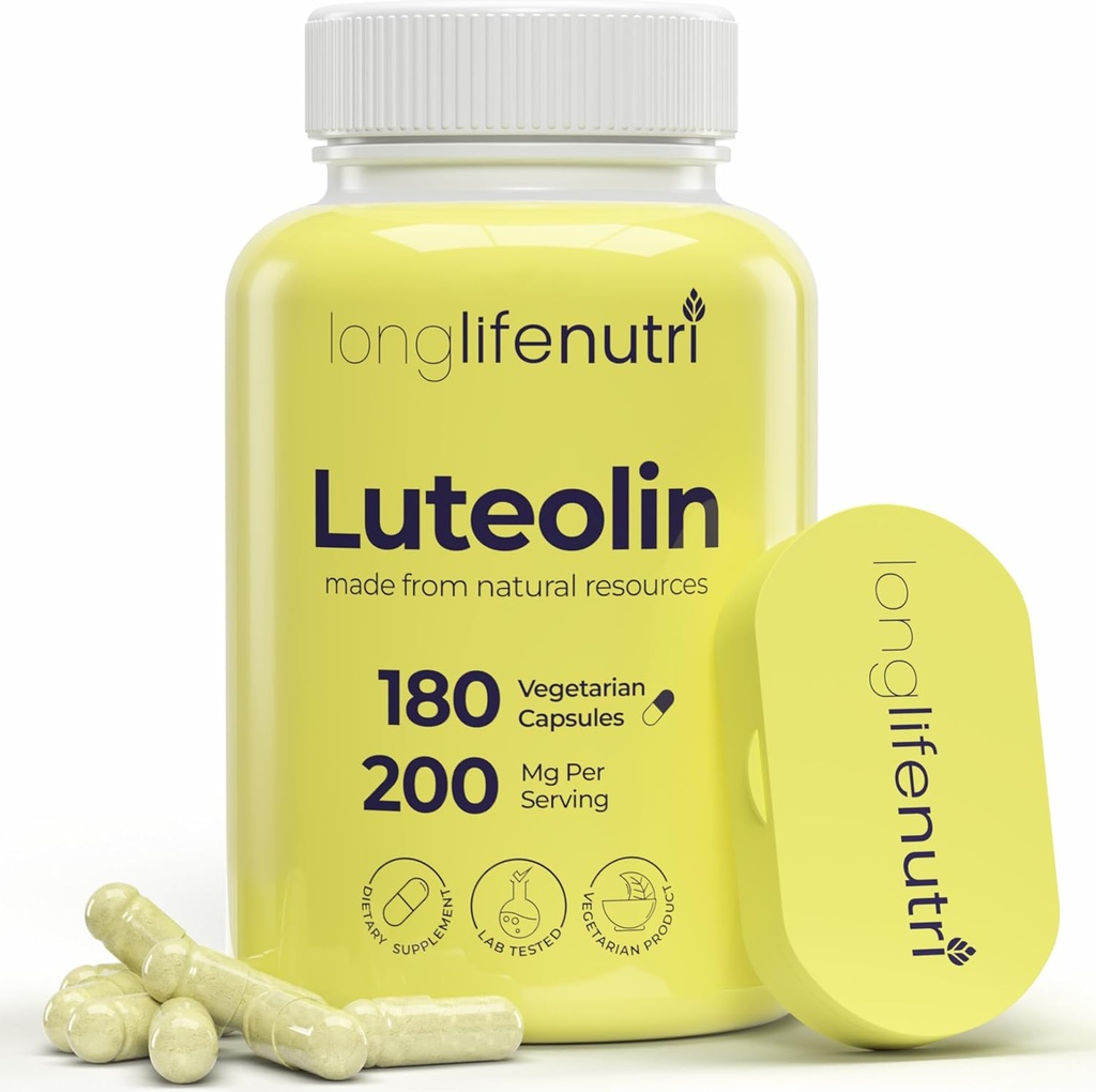 Luteolin Supplement 200 mg - 180 Vejetaryen Capsules, 3Month Supply - Bilişsel Fonksiyonlar ve Genel Sağlık - ABD'de Yapılan Lab Test Edildi, 2 Hizmet Boyutları