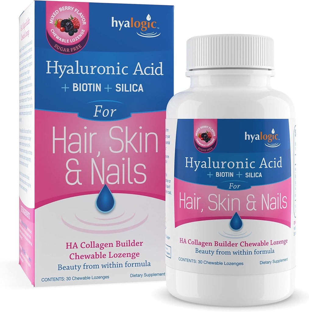 Hyalogic Hair Skin & Nails Hyaluronic Acid Collagen Builder – Delicious Berry Flavored Collagen Boost Chewable Lozenges – Sugar Free Vegan Collagen Ideal Your Natural Beauty – 30 Count