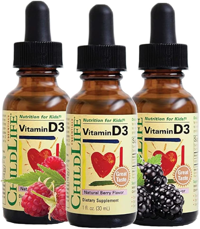 DLIFE ESSENTIALS Vitamin D3 Drops - Bebekler için D Drops, Bebek Vitamin D Drops, Çocuklar için Sıvı Vitamin D, Toddler 1-3, Çocuklar, 500 IU Per Service - Natural Berry, 1 Fl Oz (Pack of 3)