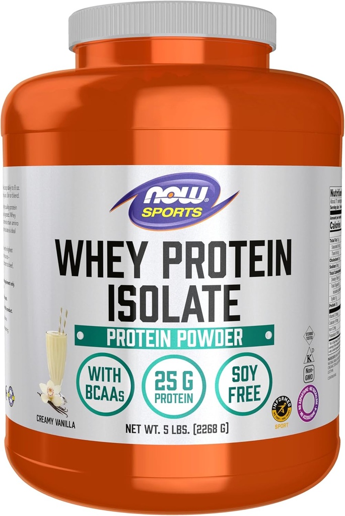 Τώρα τρόφιμα Αθλητική Διατροφή, Whey Protein Isolate, 25 g Με BCAAs, κρεμώδη σκόνη βανίλια, 5-Pound