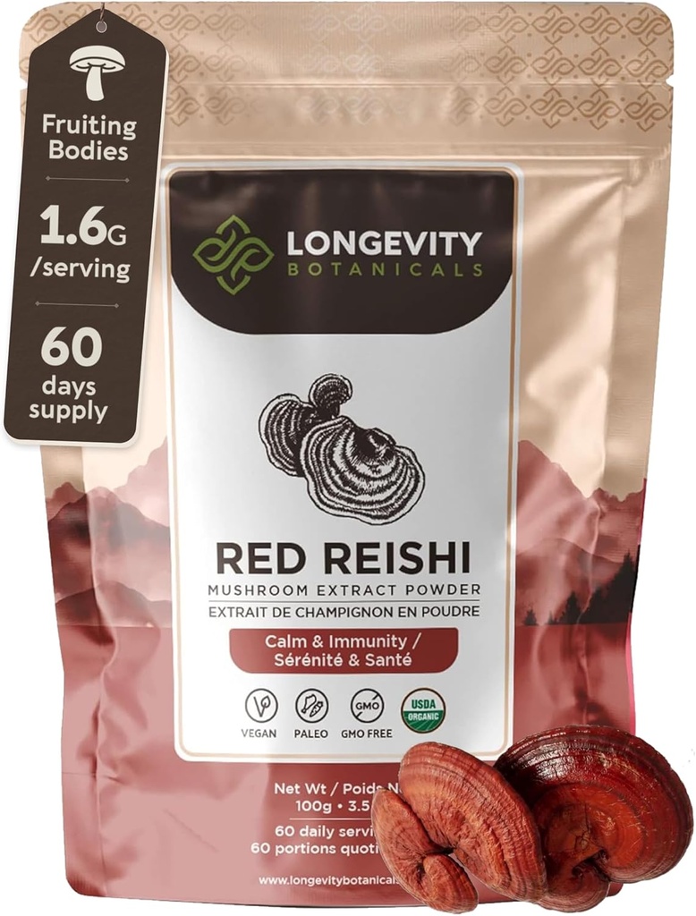 Longevity Botanicals Organic Reishi Mushroom Extract Toz 100g | Yoğun 10:1 Oran | 100 Meyveli Bodies | Lingzhi (Ganoderma lucidum) Immune için Doğal Tamam, Stres ve Destek