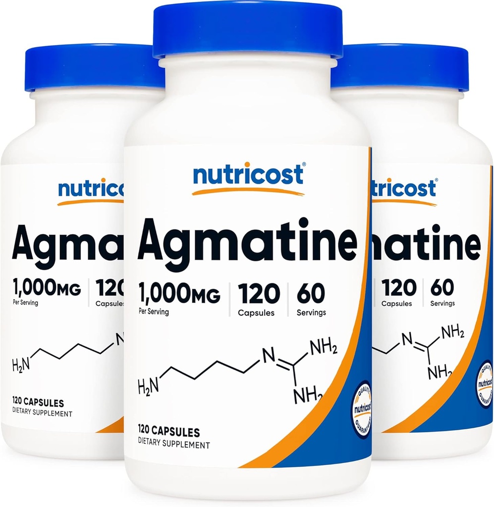Nutricost Agmatine Sulfate 1000mg, 120 κάψουλες (3 φιάλες) - Χωρίς γλουτένη, μη ΓΤΟ, 500mg ανά καψάκιο