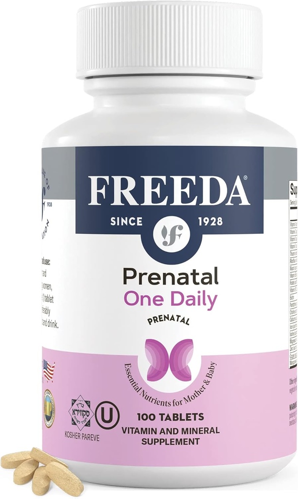 FREEDA Προγεννητική Βιταμίνη - Kosher Προγεννητικές - Προγεννητικές Βιταμίνες με Σιδήρο, Προγεννητικό Φολικό Οξύ, Χολίνη, Βιταμίνη D - Μία Καθημερινή Προ Natal Multivitamin Υποστήριξη για Έγκυες & Γαλακτωτές Γυναίκες (100)