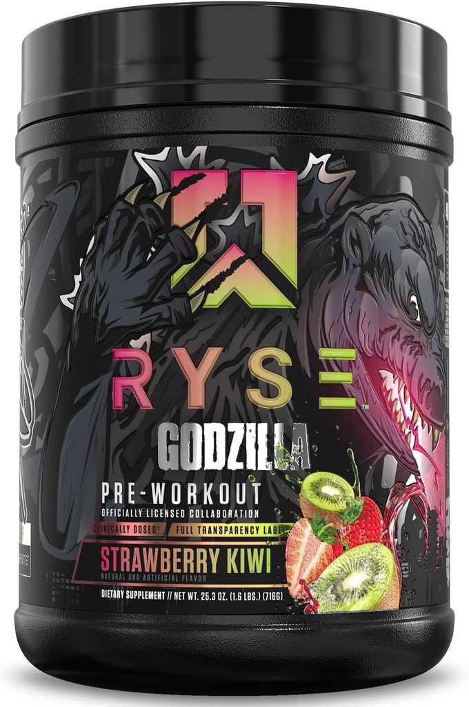 RYSE Godzilla X Noel Deyzel Pre Workout Toz - Strawberry Kiwi - 400 mg Caffeine, High Stim Pre-Workout for Men & Women with Citrulline & Beta Alanine - Enerji, Pump & Focus - 20/40 Oda