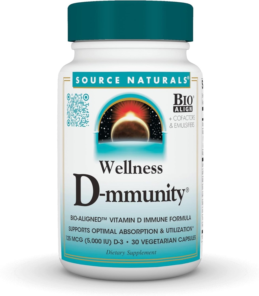 Πηγή Naturals Wellness D-mmunity, Bio-Aligned Vitamin D Immune Formula, Υποστηρίζει Βέλτιστη Απορρόφηση και Χρήση*, 125 mcg (5.000 IU) D-3-30 Κάψουλες χορτοφάγων