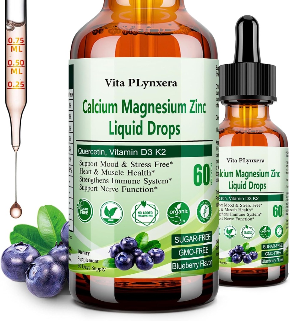 Calcium Magnesium Zinc, Liquid Calcium Magnesium Citrate with Vitamin D3 K2, B6, Omega-3, High Potency Liquid Magnesium Calcium Drops w. Herbal Supplement for Bone, Muscle, Relaxation, Sleep, Nerve
