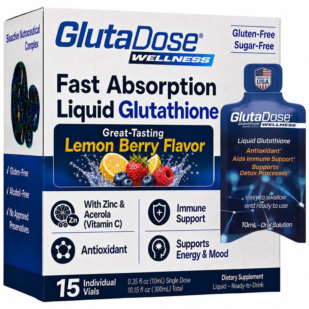 GlutaDose Liquid Glutathione Supplement, L Glutathione Liquid w/Acerola & Zinc, Natural Lemon Berry Flavor, Zero Sugar Antioxidant Formula for Daily Immune Support, 15 Single Serve Vials