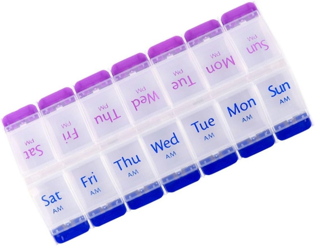 Pill Organizer 7 Gün, Pill Box 2 Times bir gün AM PM Pill Case, Haftalık Pill Konteyner Portatif Seyahat Tıp Kutusu Vitaminler ve Supplements (Mavi-Purple)