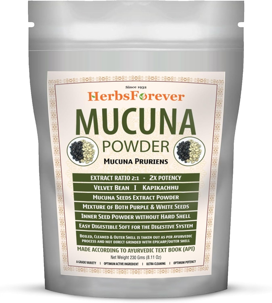 Herbsforever Mucuna Pruriens Tohum Toz 2X Potency Extract (2: 1) | Mor & Sarı Tohumlar, Velvet Bean, Non-GMO, Vegan, 230g | Supports Energy, Vitality, and General Wellness