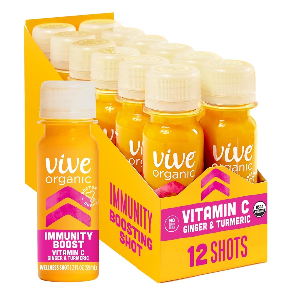 Vive Organik Vitamin C + Immune Support Shot, Cold-Pressed Turmeric, Ginger & Acerola Cherry, Gluten Free, Vegan, Immunity Boost C, 2 Fl Oz (Pack of 12)