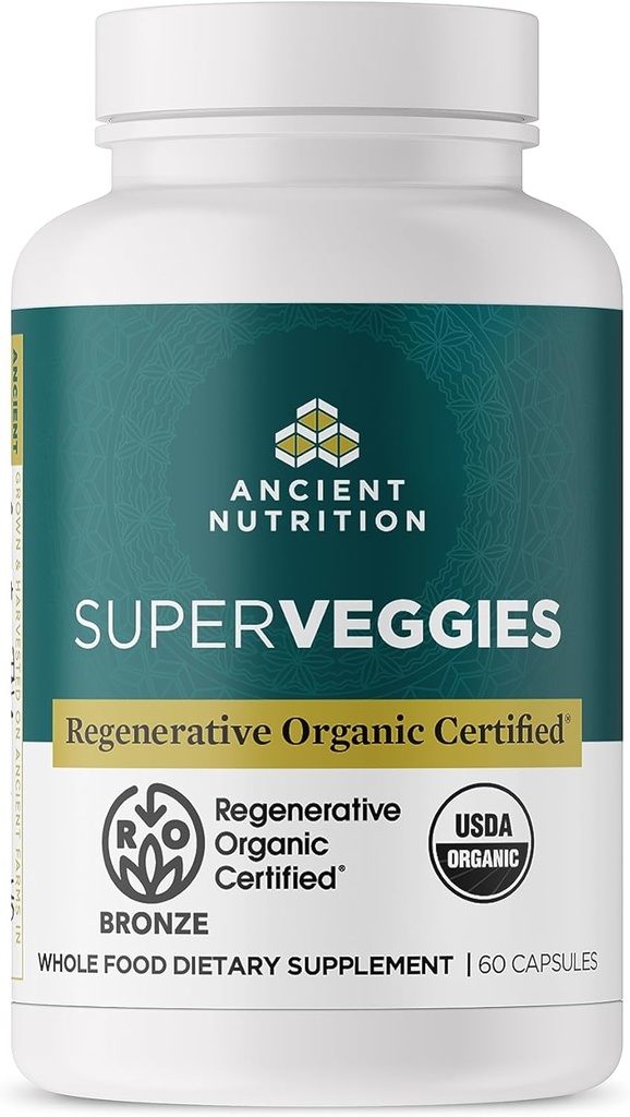 Ancient Nutrition Regenerative Organic Certified SuperVeggies Capsules, Supports Gut and Immune System Health, Made with Probiotics, Kale, Broccoli, and Spinach, 60 Count
