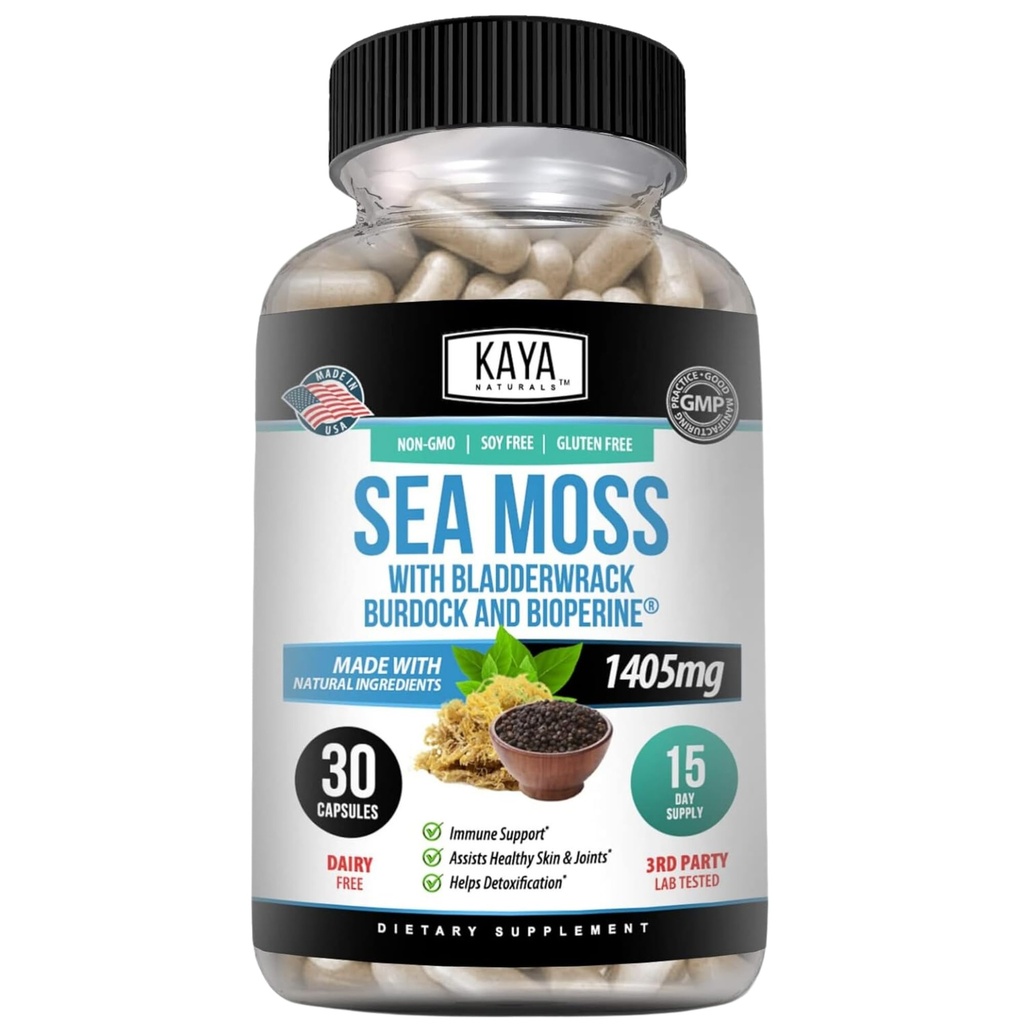 Kaya Naturals Sea Moss - Συμπλήρωμα κινητικότητας για τους άνδρες και τις γυναίκες - με Burdock Root, Irish Moss, Bladderwrack, και BioPerine - για την κινητικότητα Υγεία και ανοσοποίηση Boost, 30 Count