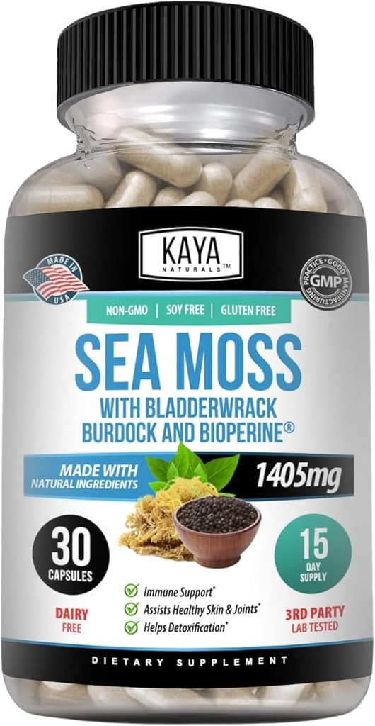 Kaya Naturals Sea Moss - Erkekler ve Kadınlar için Hareketli Tamam - Burdock Root, İrlandalı Moss, Bladderwrack ve BioPerine - Hareketlilik Sağlığı ve Immune Boost için, 30 Kont
