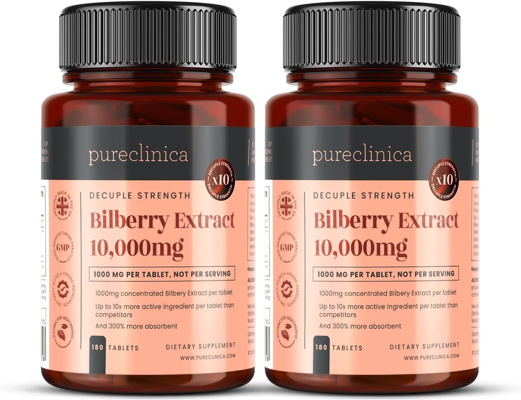 Pureclinica Bilberry Extract 10. 000mg x 360 δισκία (2 φιάλες) - 10 X Περισσότερες Ανθοκυανιδίνες w/ 5mg Black Pepper Extract