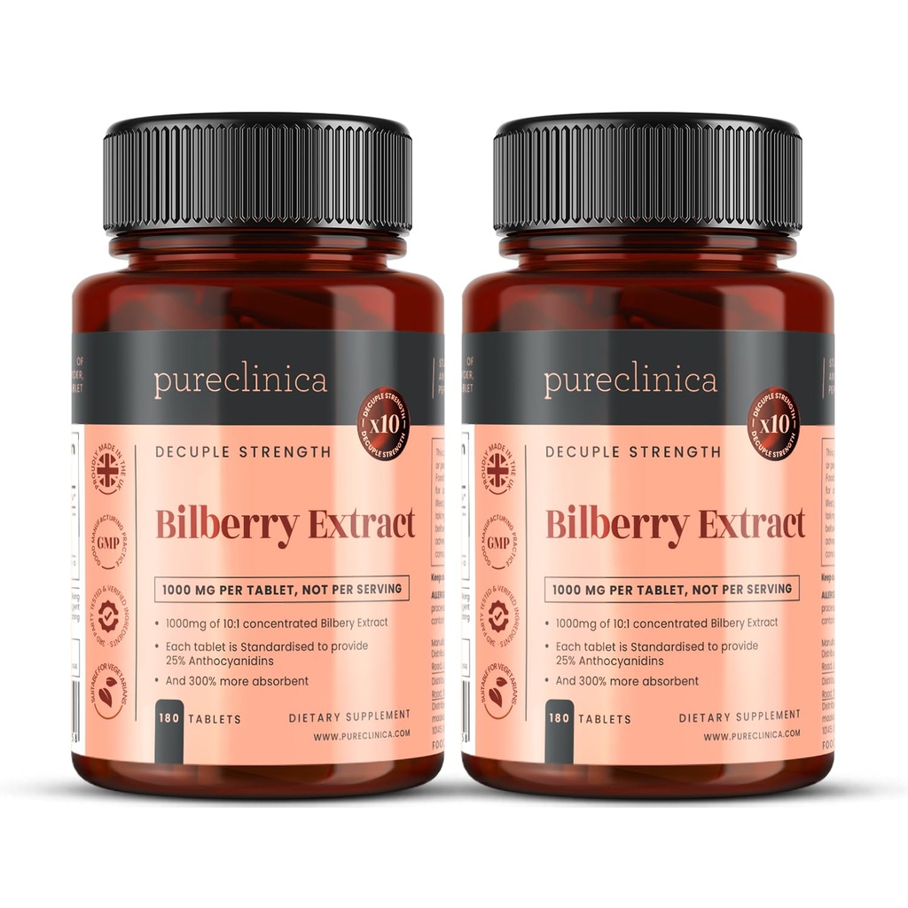 Safclinica Bilberry 10.000 mg x 360 Tabletler (2 Şişeler) - 10 X More Anthocyanidins w/ 5 mg Black Pepper Ekstra