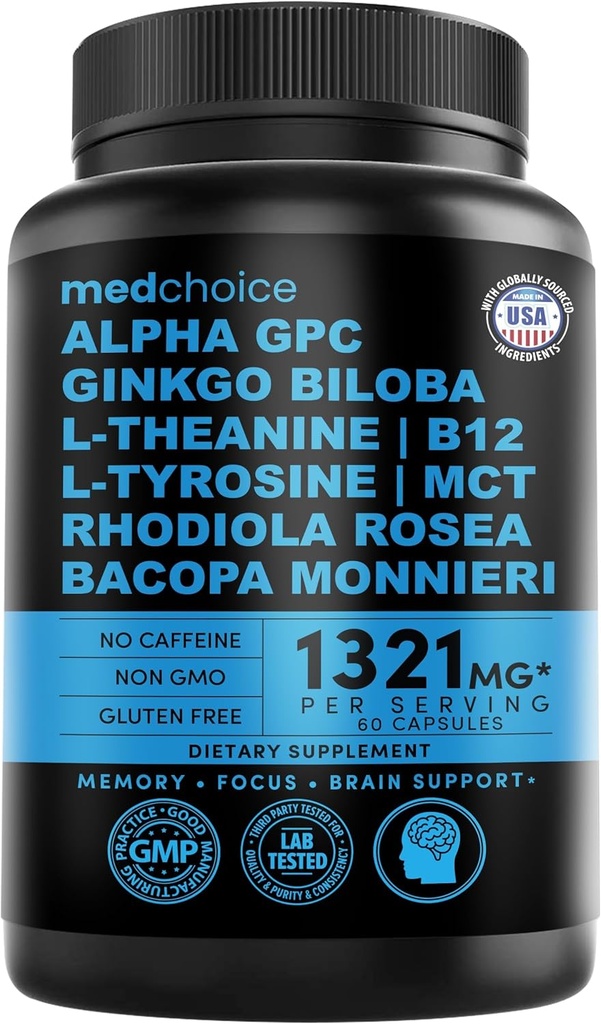 12in-1 Nootropic Ginkgo Biloba for Brain Support, Memory and Focus - B12, Alpha GPC, L Theanine and Choline Supplements with Bioperine Non Caffeinated 1321 mg (60ct)