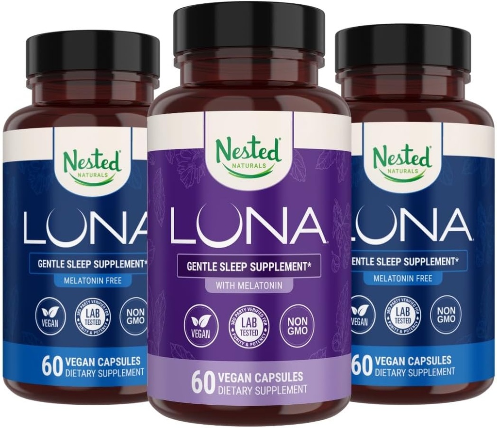 Nested Naturals Luna Melatonin-Free (120 Vegan Capsules) & Luna Natural Sleep Aid with Melatonin (60 Vegan Capsules) For Deep Sleep | Non-Habit Form