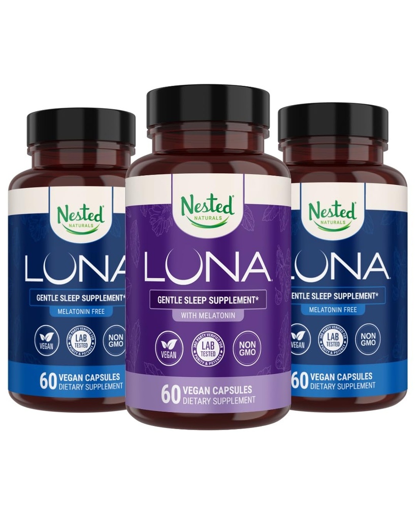 Nested Naturals Luna Melatonin-Free (120 Vegan Capsules) & Luna Natural Sleep Aid with Melatonin (60 Vegan Capsules) For Deep Sleep | Non-Habit Form