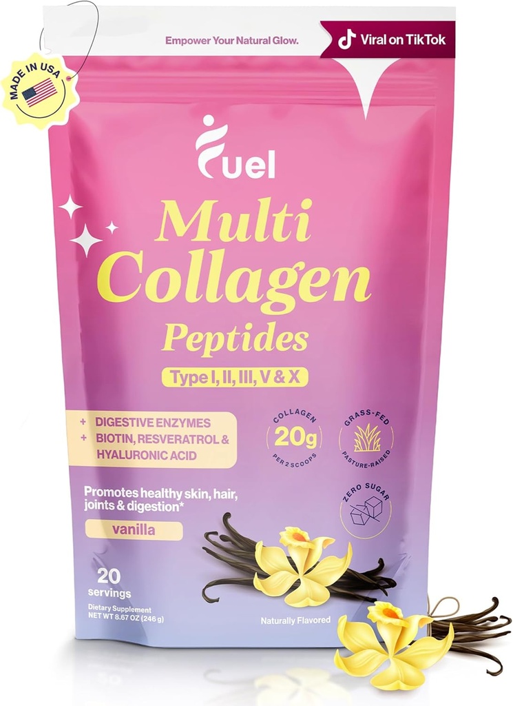 Yakıt Multi Collagen Nail Toz – 20g Hydrolyzed Collagen I, II, III, V & X Saç için, Skin, Nails & Ortak Destek – Daha İyi Absiyon – Keto & Gluten Free, Fransız Vanila 8.67oz