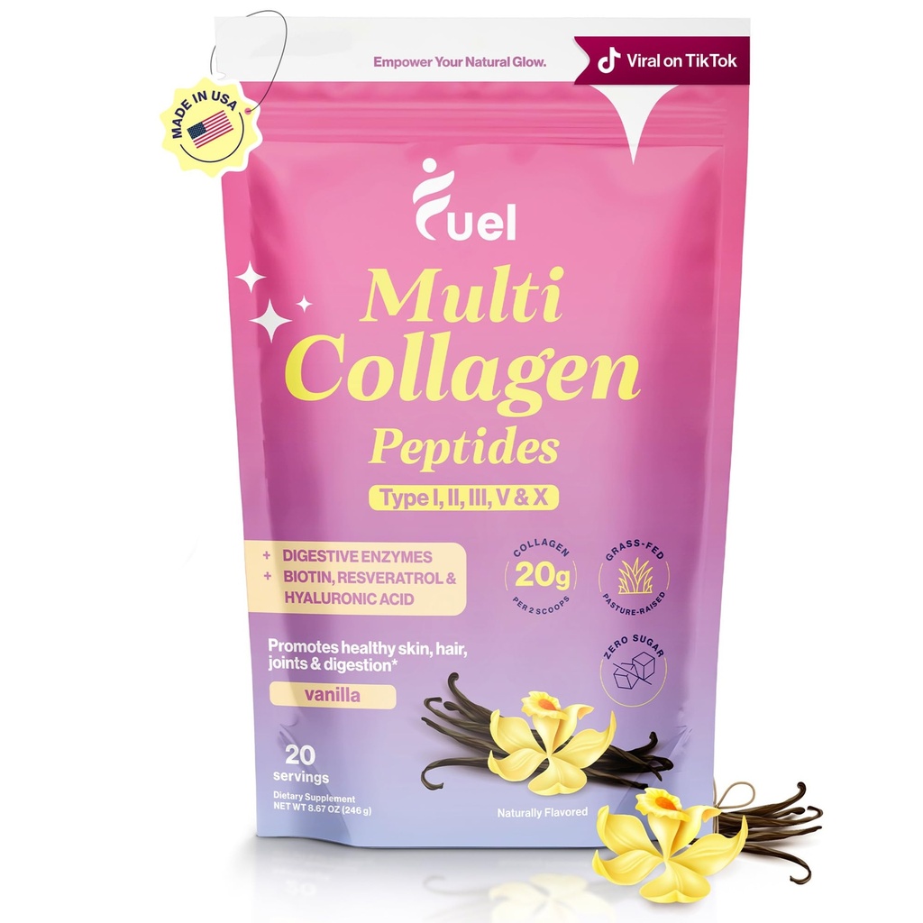 Yakıt Multi Collagen Nail Toz – 20g Hydrolyzed Collagen I, II, III, V & X Saç için, Skin, Nails & Ortak Destek – Daha İyi Absiyon – Keto & Gluten Free, Fransız Vanila 8.67oz