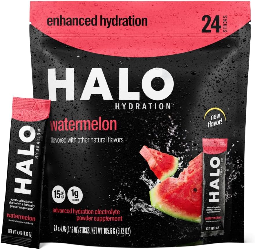 Halo Hydration - Electrolyte Drink Mix | Hydration Toz Paketleri | Watermelon Flavor - Spor ve Bisiklet için | Easy Open Single Bag (24 Pack)