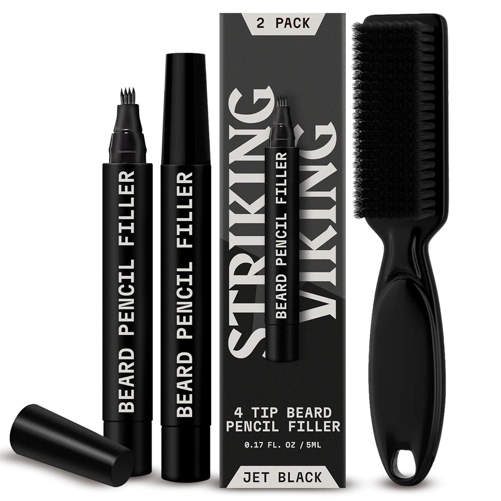 Στριφογύρισμα Viking Beard Pencil Filler για άνδρες - Συσκευασία των 2, Jet Μαύρο - Αδιάβροχη στυλό μακρού διαλείμματος - 4-Pronged Συμβουλή για επισκευή Gap & Barber Pencil - Μαλακό πινέλο Bristle & Στυλό πλήρωσης