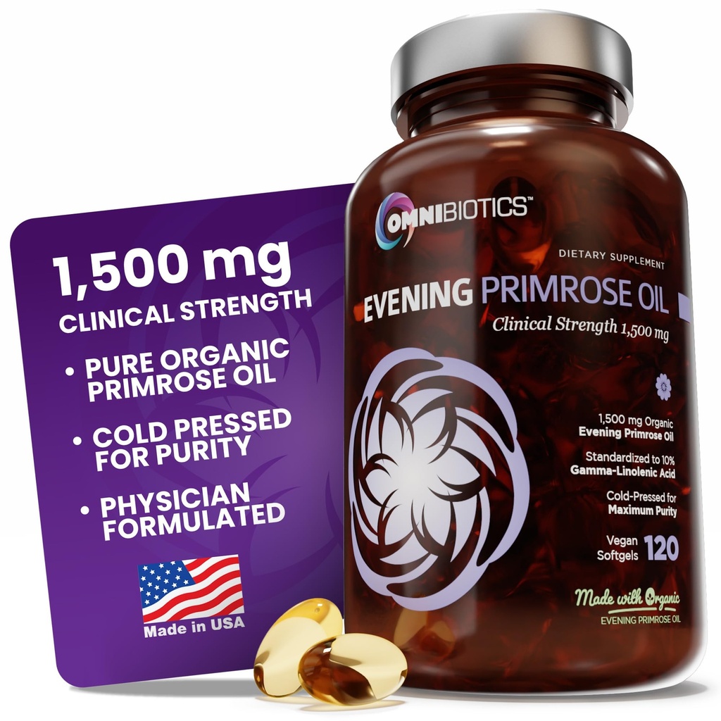 OmniBiotics Organik Eveningrose Oil for Women – Klinik Strength 1500 mg per Capsule, 10% GLA, Cold-Pressed, Non-GMO, Hormonlar Kadınlar için Denge - 120 Vegan Softgel Capsules
