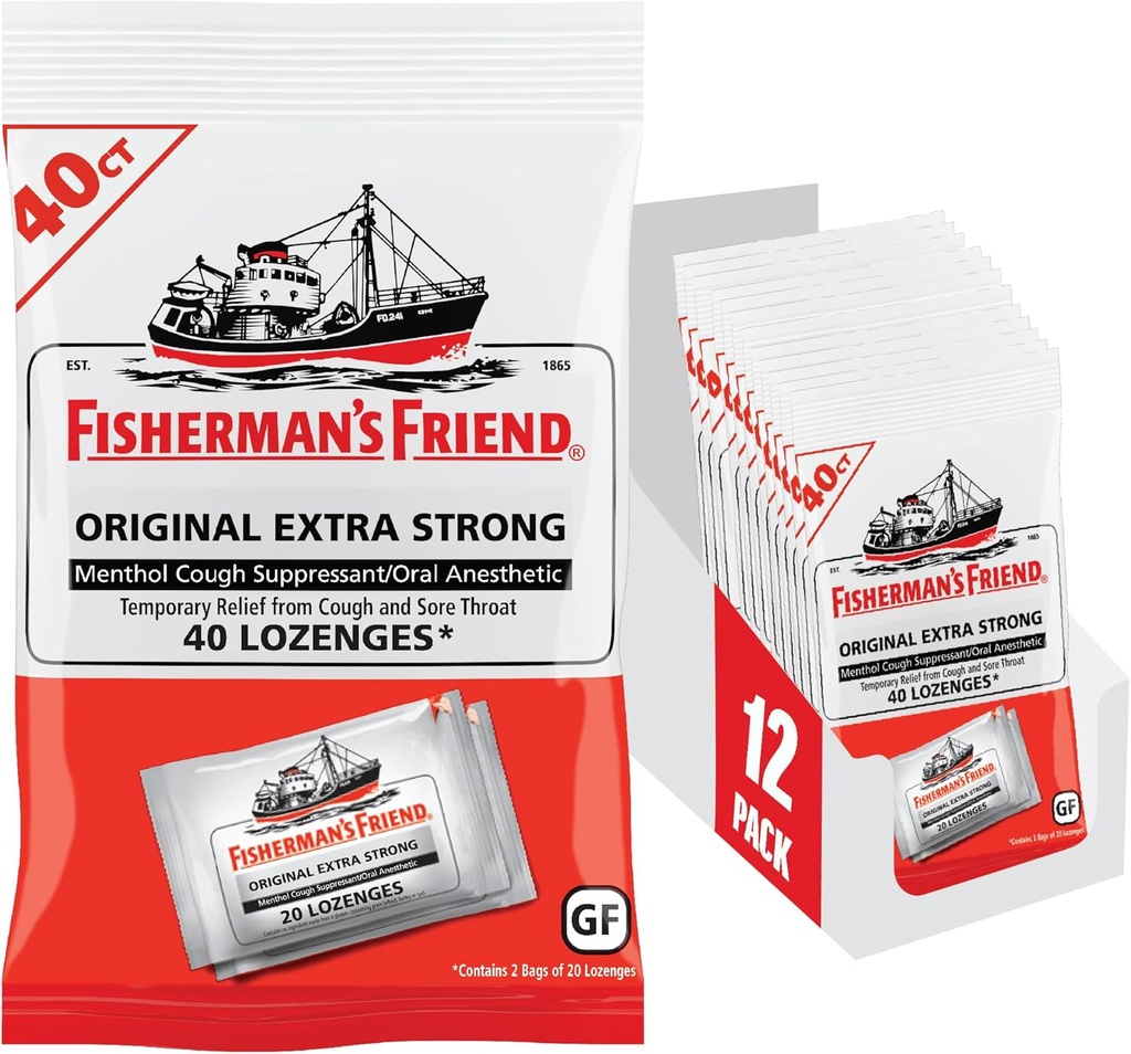 Fisherman'ın arkadaşı Cough Drops, Cough Suppressant ve Sore Throat Lozenges, Original Ekstra Güçlü, 10 mg Menthol, 480 Drops (12 Packs of 40)