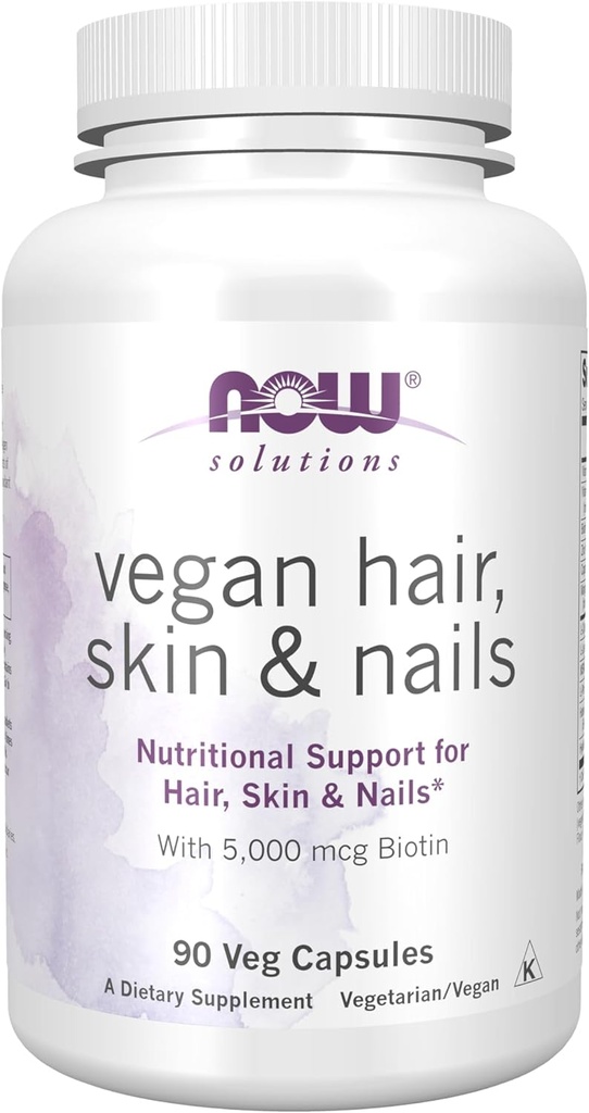 NOW Foods Solutions, Vegan μαλλιά, δέρμα & νύχια, διατροφική υποστήριξη με 5,000 mcg βιοτίνη, 90 κάψουλες Veg