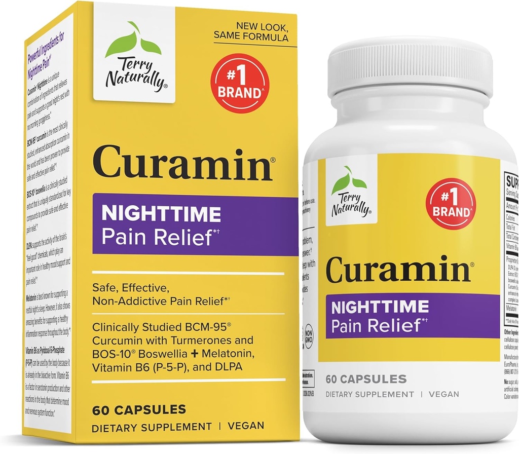 Terry Φυσικά Curamin Νύχτα - Curcumin & DLPA συμπλήρωμα καψακίων - Μη ΓΤΟ συμπλήρωμα για την υποστήριξη υγιή ύπνο & χαλάρωση - συμπλήρωμα βοτάνων με μελατονίνη - 60 κάψουλες