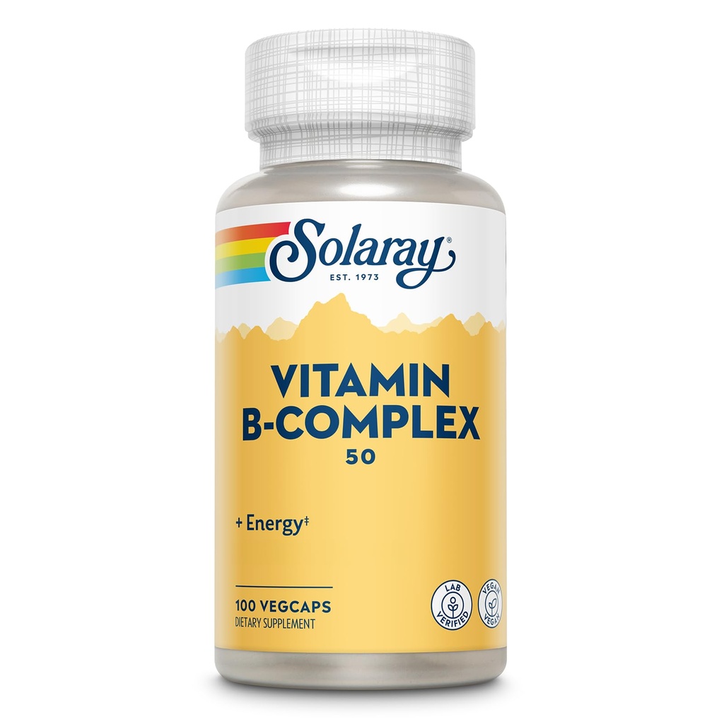 SOLARAY Vitamin B Kompleksi 50 mg - Hücre Enerji Vitaminleri - Metabolism ve Nerve Health Support with B12, B1, B6, Niacin, Folic Acid, Biotin ve Diğer B Vitaminleri - Vegan, 100 VegCaps